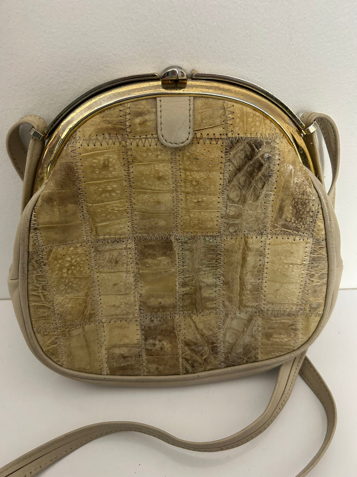 Vintage Late 1970s IRV Crocodile Beige Cream Patchwork Shoulder Or Crossbody Handbag