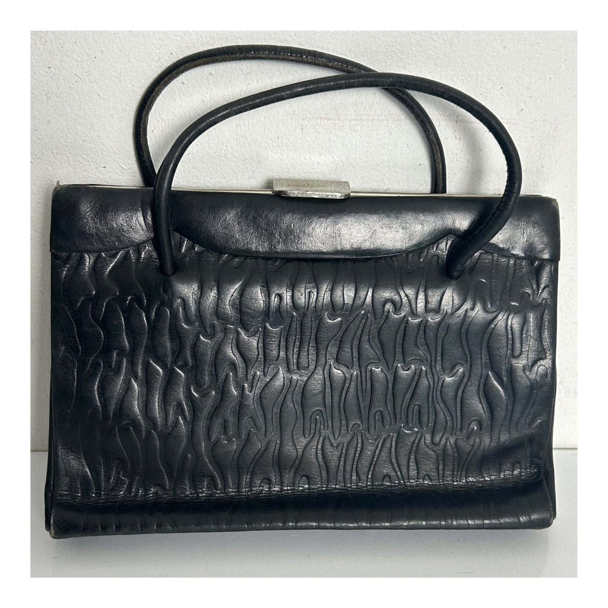 Vintage Early 1950s Small Black Embossed Kelly Style Handbag