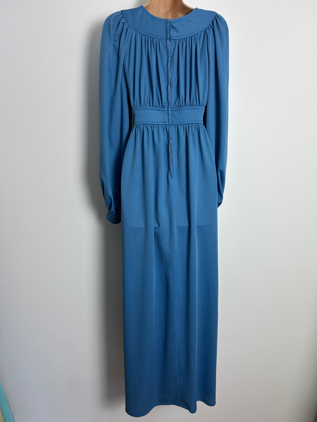 Vintage Late 1970s AFTER SIX BY RONALD JOYCE UK Size 10-12 Powder Blue Long Sleeve Gather Pleated Maxi Dress