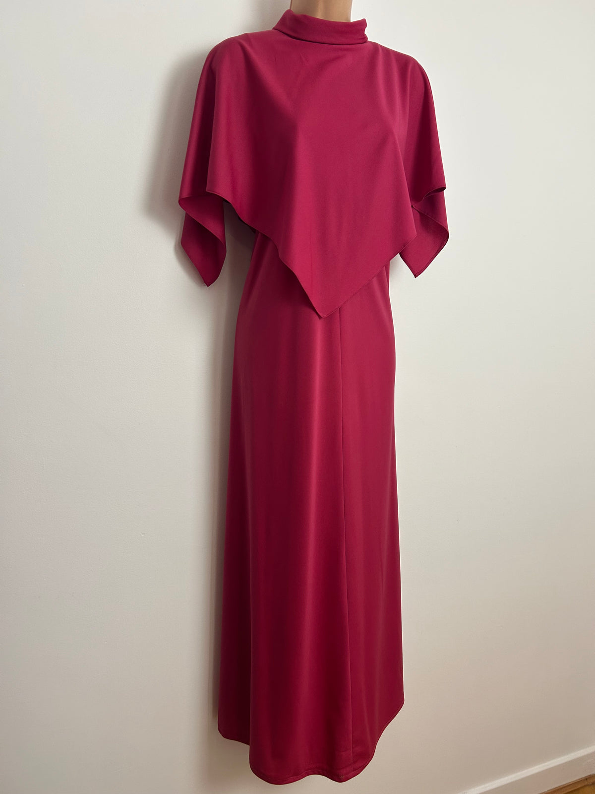 Vintage 1970s ALLDAE Size 12 Raspberry Dark Pink Cape Sleeve Double Layered Boho Maxi Dress
