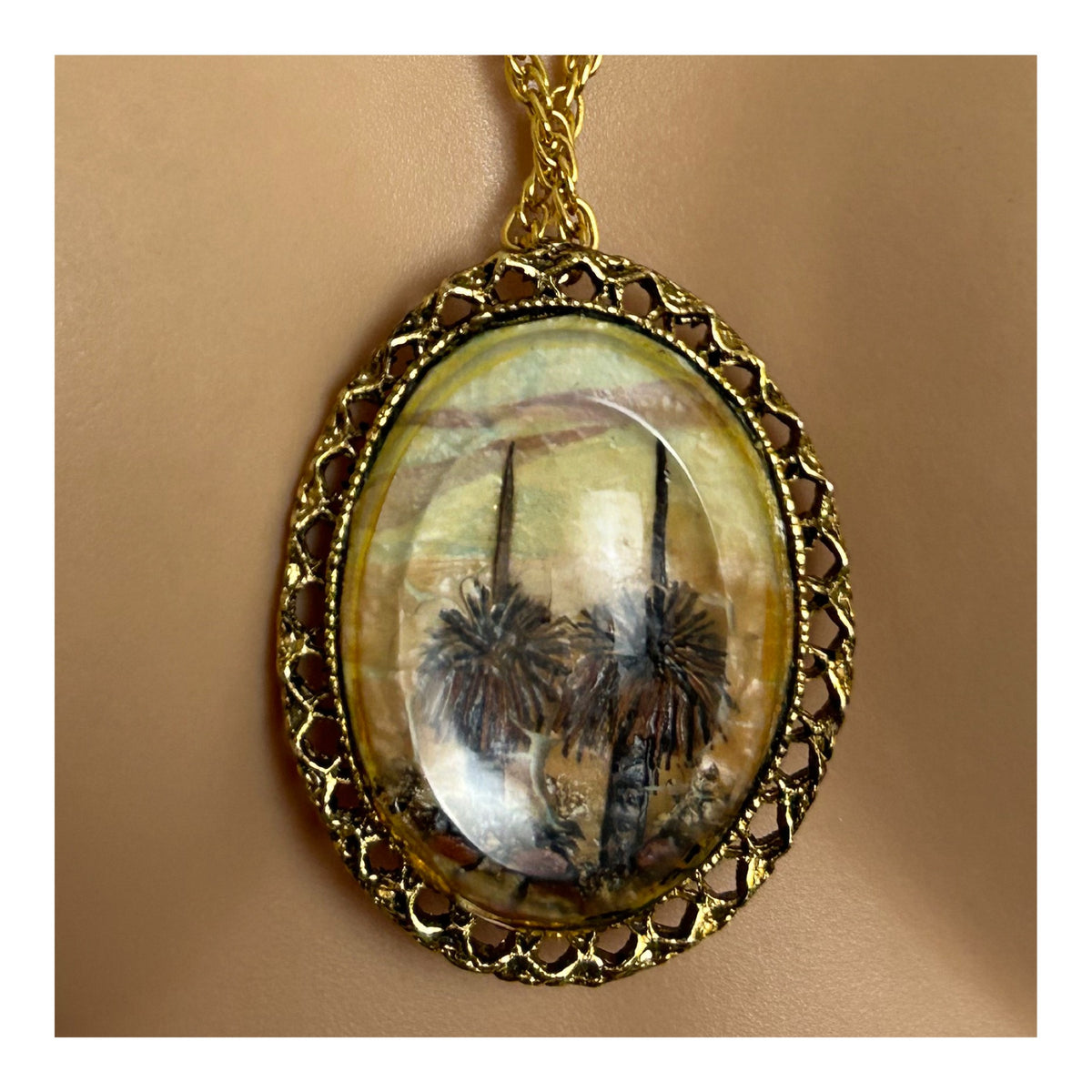 Vintage 1950s RARE Handcrafted Australian Paperbark Miniature Picture Pendant & Necklace By G. Metcalfe