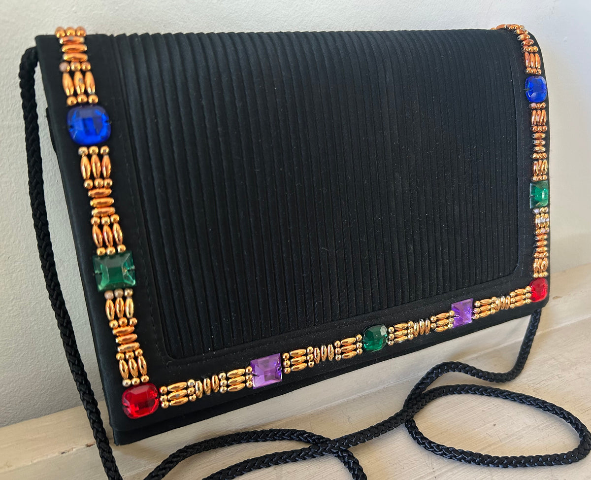 Vintage 1980s JANE SHILTON Black Pleated Gold & Jewel Colour Bead Embellished Evening Bag