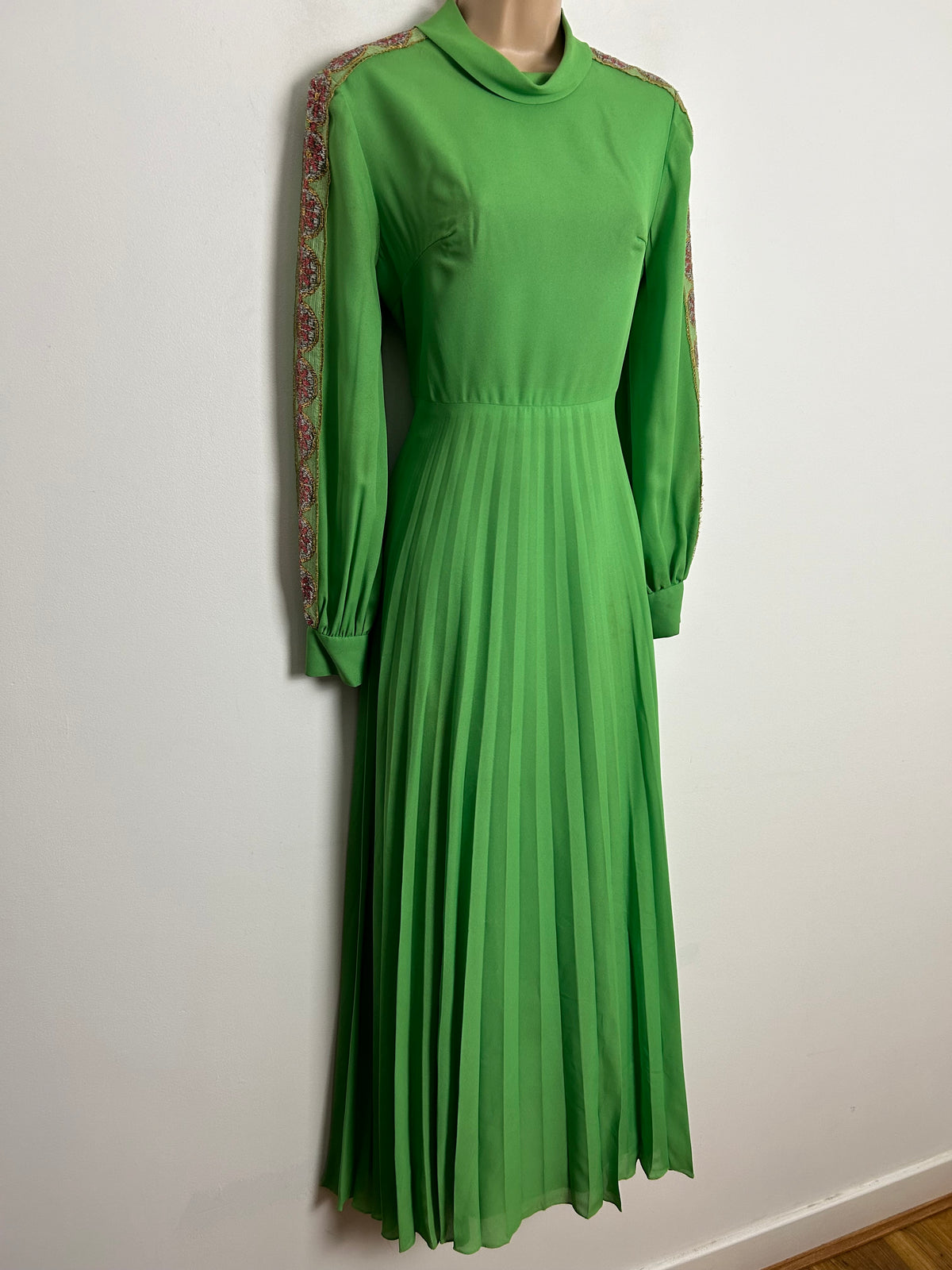 Vintage 1970s UK Size 10 Lime Green Chiffon Pleated Long Sleeve Glittery Braid Trim Occasion Maxi Dress
