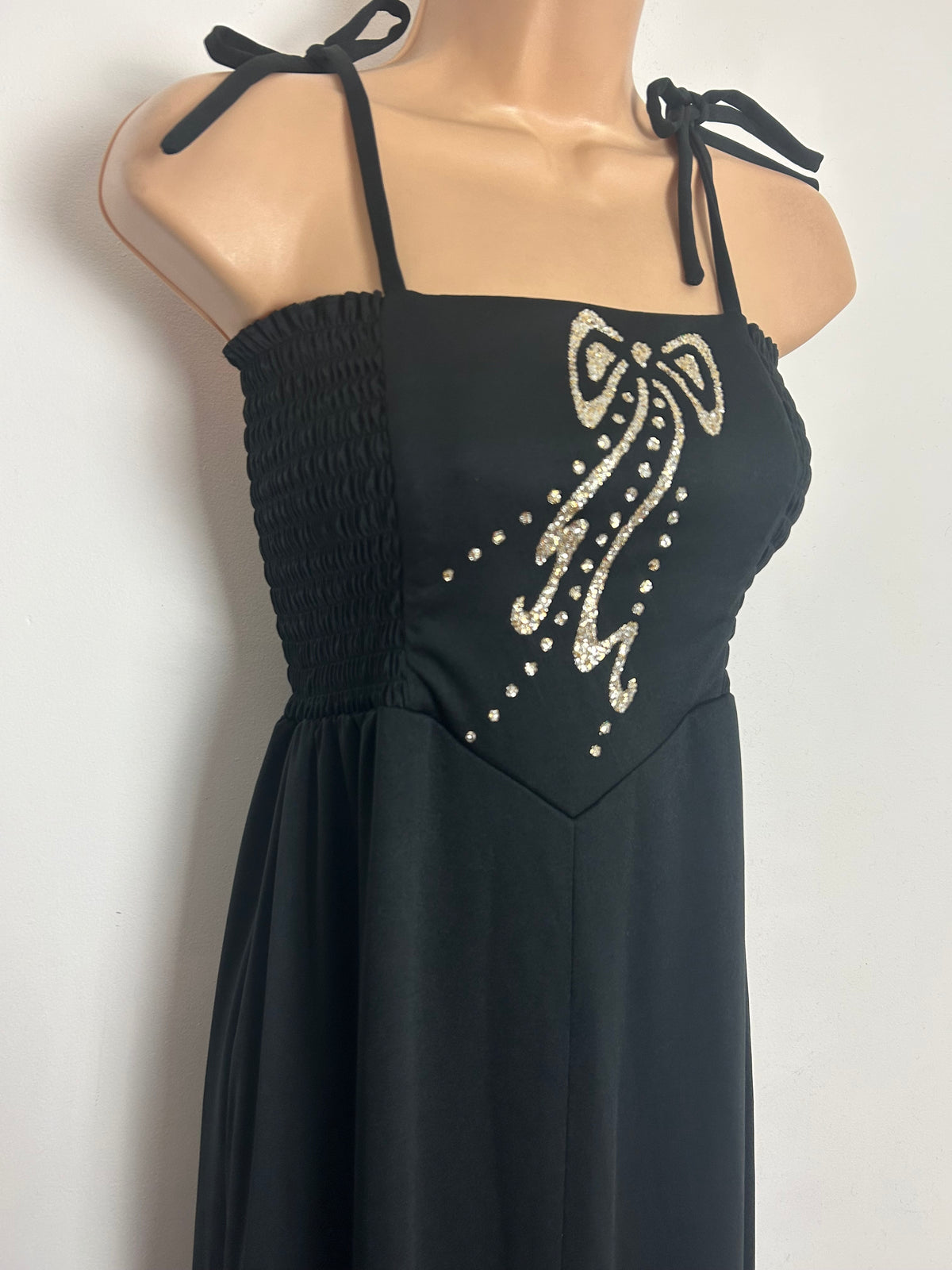 Vintage 1970s Size 10-12 Black Tie Shoulder Shirred Bodice Gold Glitter Bow Detail Maxi Dress