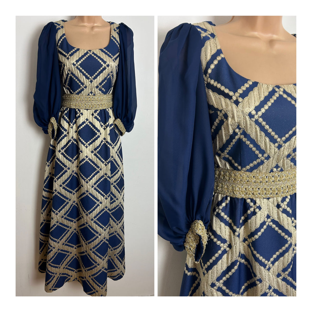 Vintage 1960s Size 6 Navy Blue & Gold Braid Trim Brocade Occasion Evening Maxi Dress