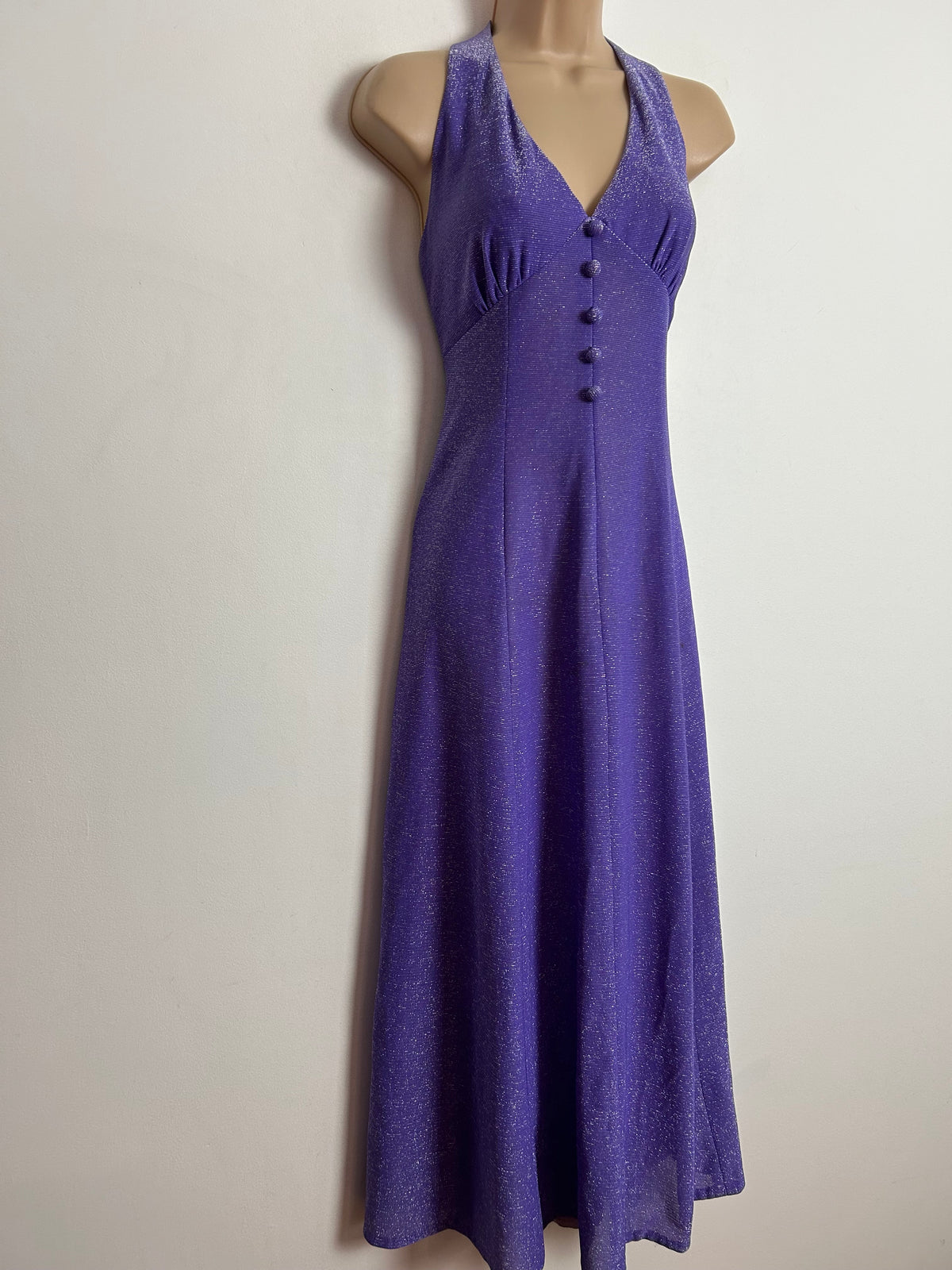 Vintage 1970s PEGGY PAGE UK Size 8 Purple Lurex Halterneck Party Occasion Maxi Dress