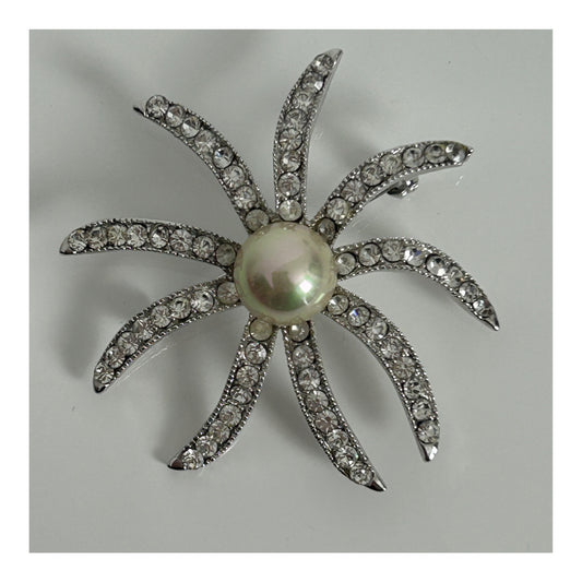 Vintage Early 1960s Silver Tone Paste Diamante Set Stylised Starburst Floral Cocktail Brooch