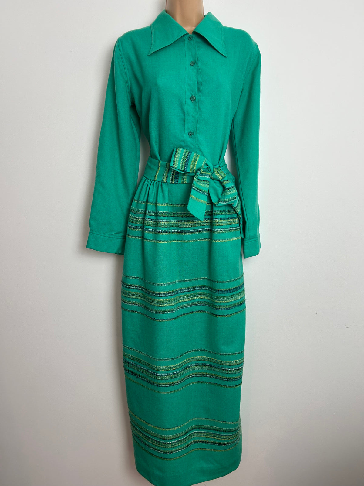 Vintage Late 1960s RARE JOHN HAGARTY Size 10/12 Jade Green Handwoven Irish Tweed Pure New Wool Maxi Dress