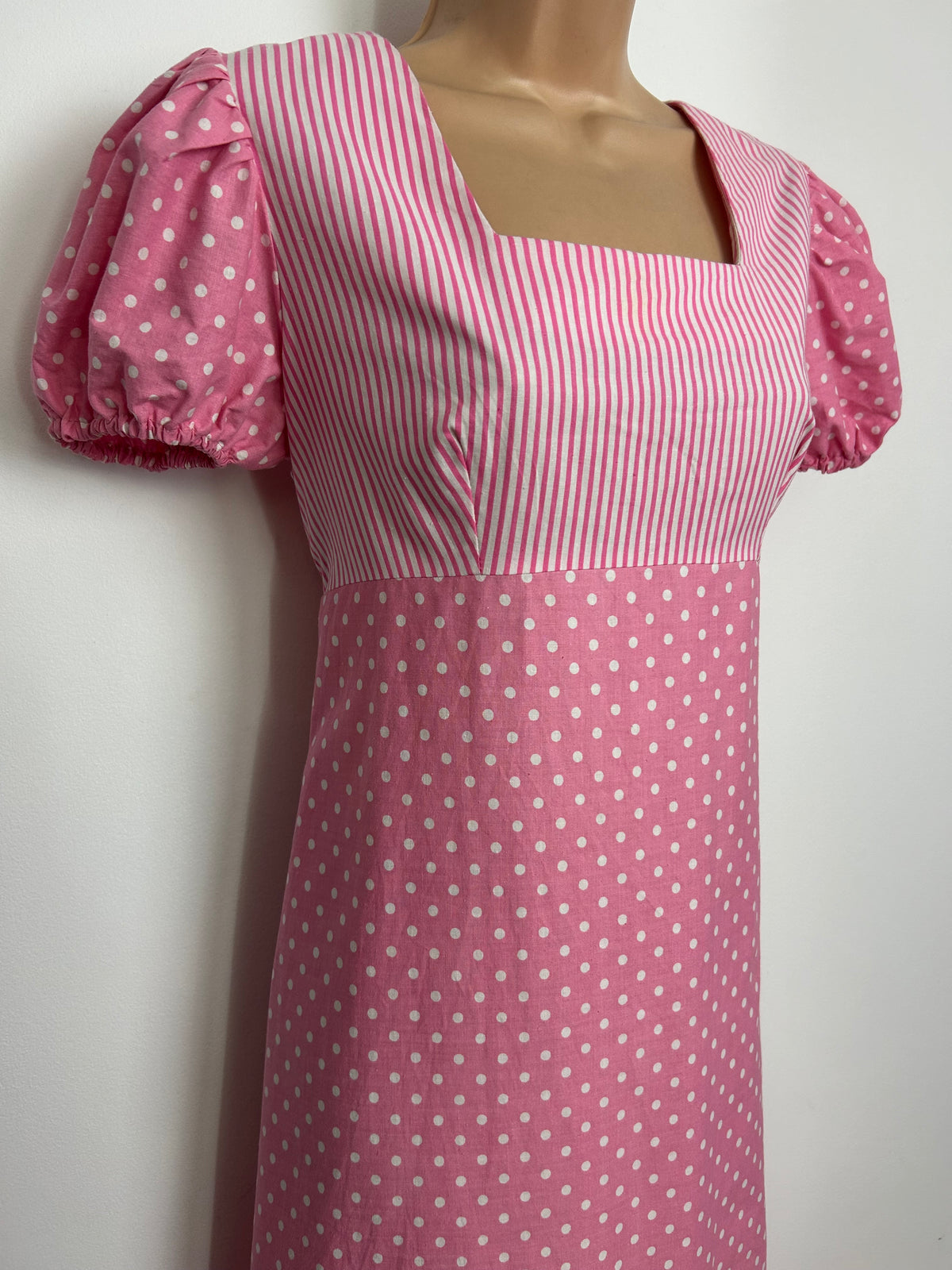 Vintage 1970s Size 10 Pink & White Polka Dot & Stripe Print Cotton Prairie Maxi Dress