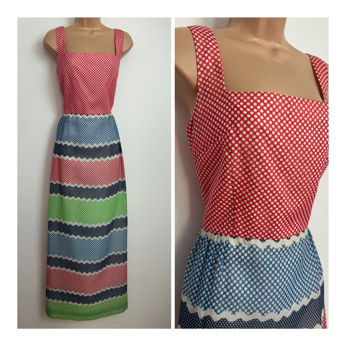 Vintage 1970s ROTER COUTURE Size 10 Red Blue Green & White Polka Dot Cotton Mix Summer Maxi Dress