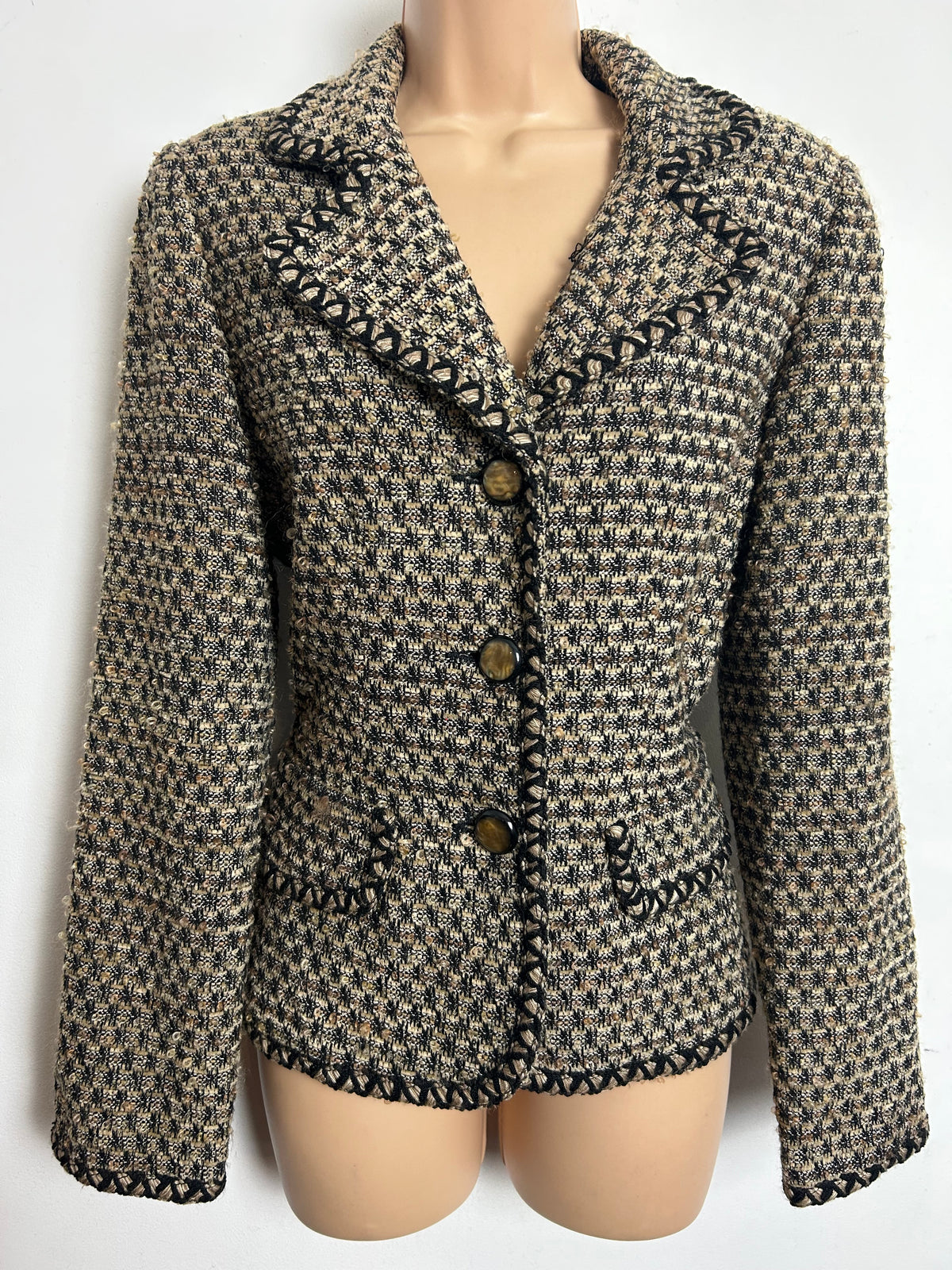Vintage 1990s TALBOTS Size 10 Black & Beige Boucle Wool & Mohair Mix Blazer Style Jacket