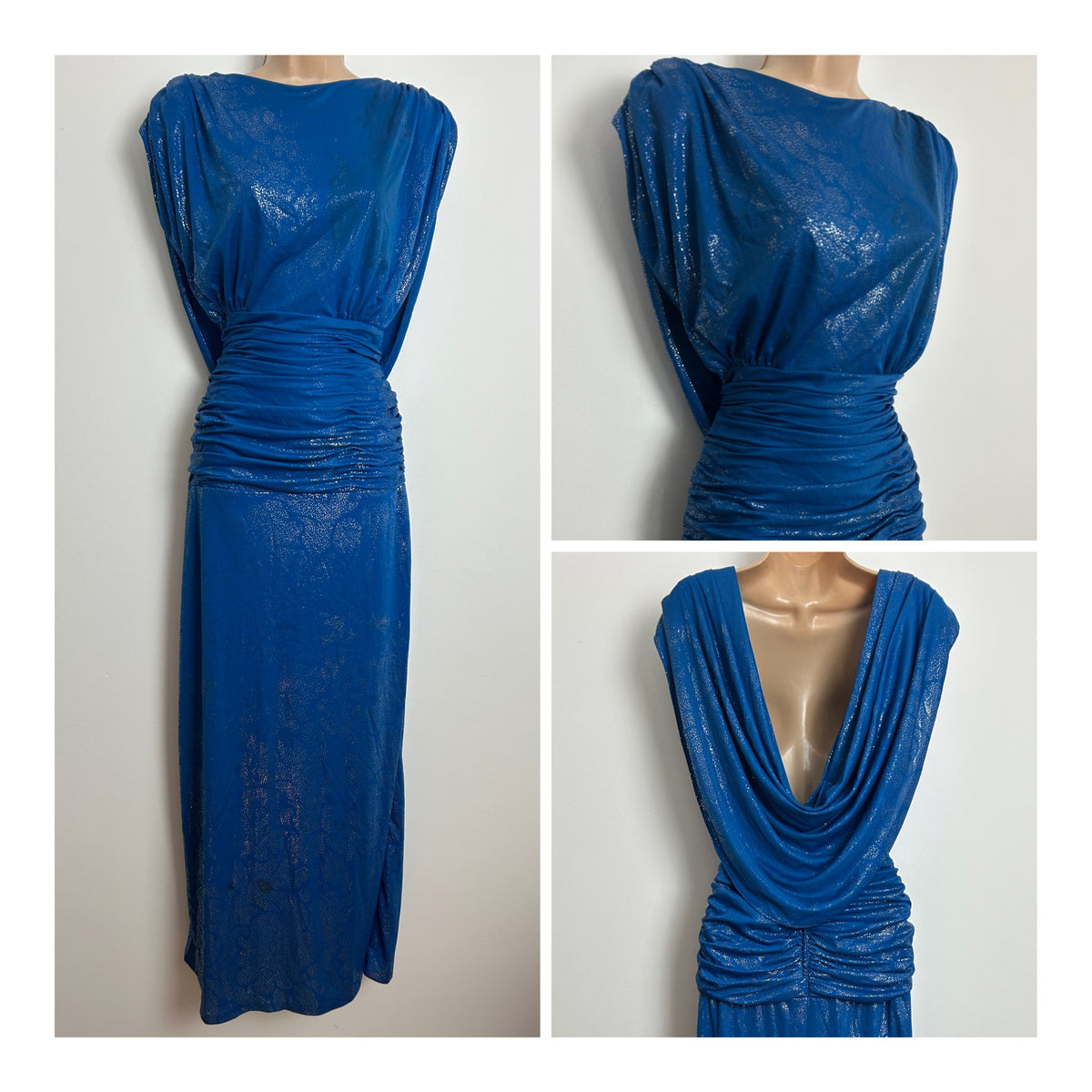 Vintage Early 1980s JOHN CHARLES  Blue & Silver Drape Back Ruched Waist Evening Dress Size 12