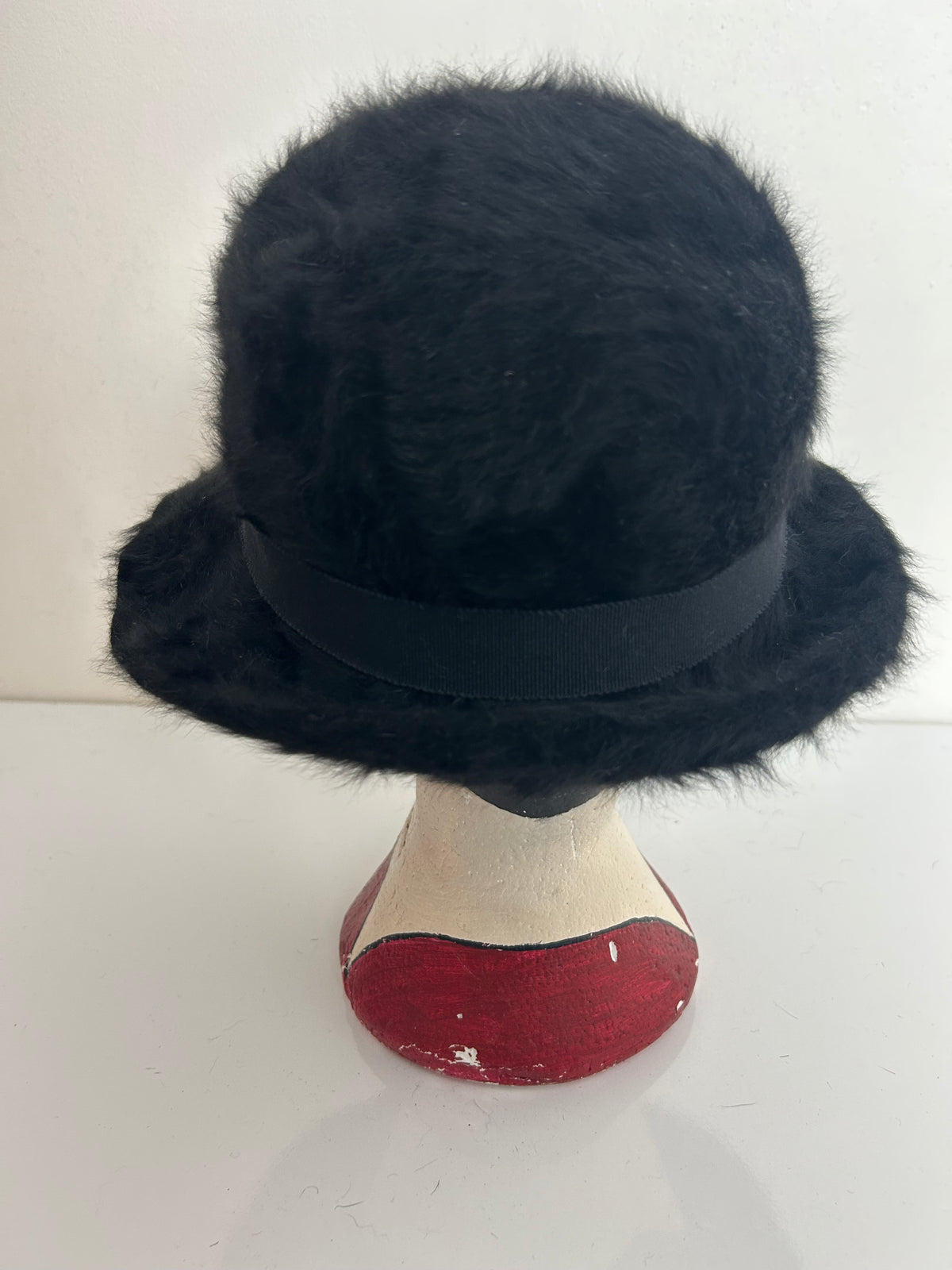 Vintage Black Angora Mix Bucket Style Hat With Grosgrain Trim