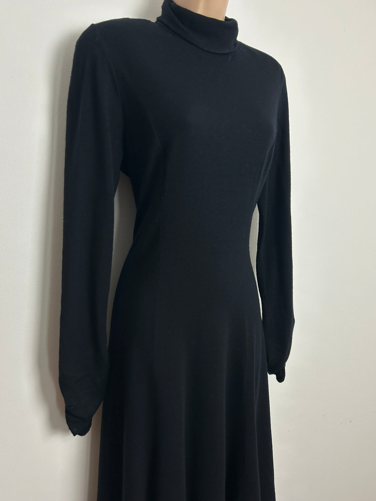 Vintage 1980s LAURA ASHLEY Size 10 Black 100% Wool Jersey Roll Neck Long Sleeve Midi Dress