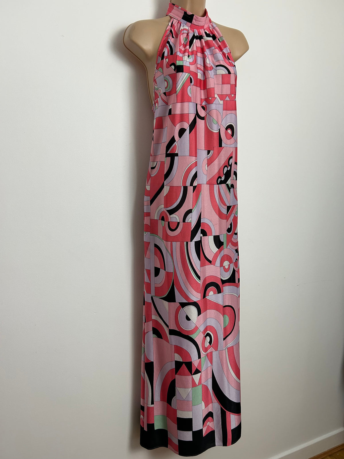 Vintage 1970s Size 8-10 Pink Tones Psychedelic Geo Print Halter Neck Trapeze Style Maxi Dress