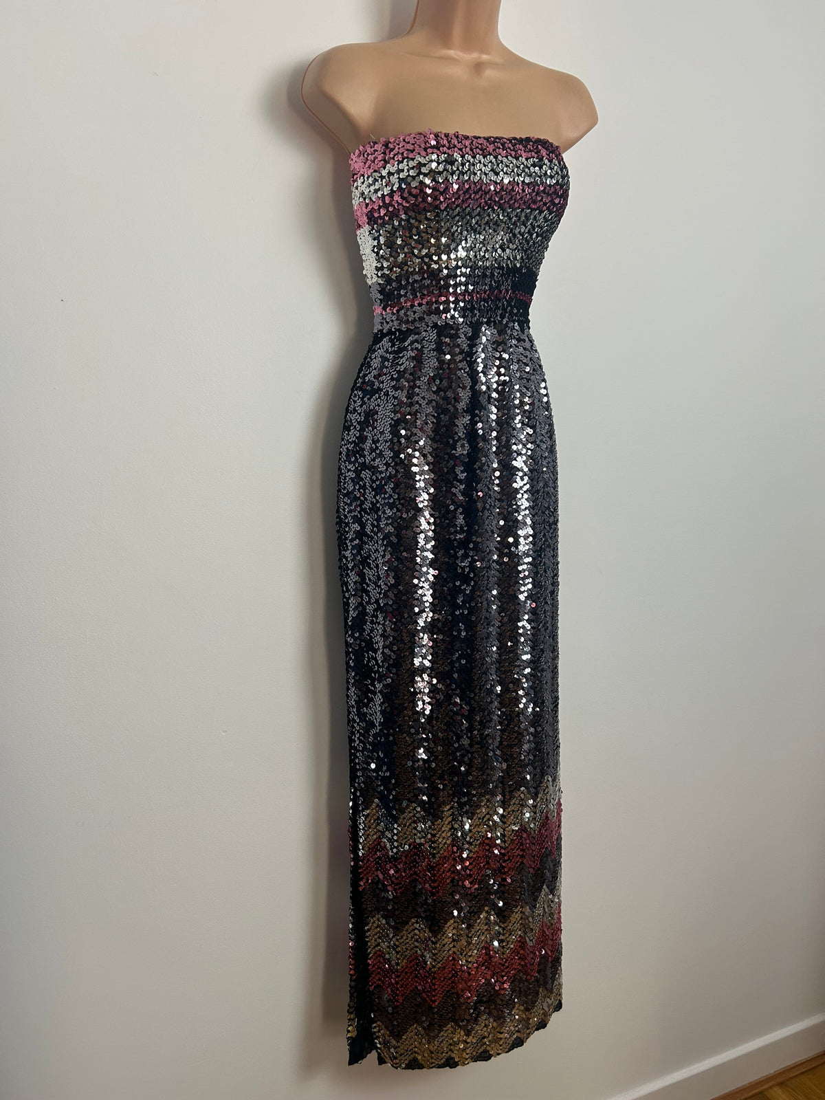 Vintage Late 1970s Up To Size 10 Black Silver Pink & Purple Sequin Strapless Evening Maxi Dress