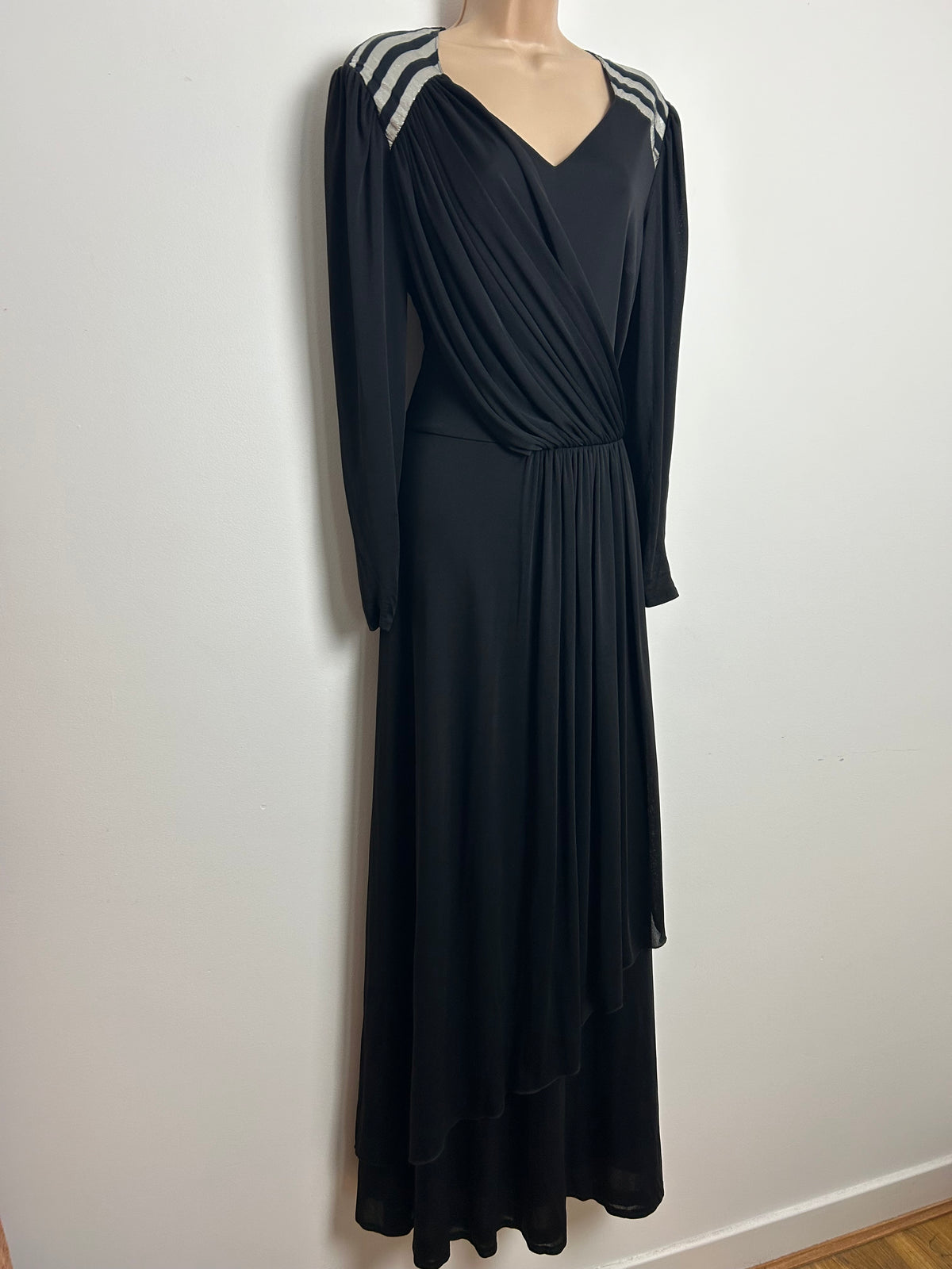 Vintage 1970s VERA MONT PARIS Size 12-14 Black & Silver Stripe Detail Mock Wrap Occasion Evening Maxi Dress