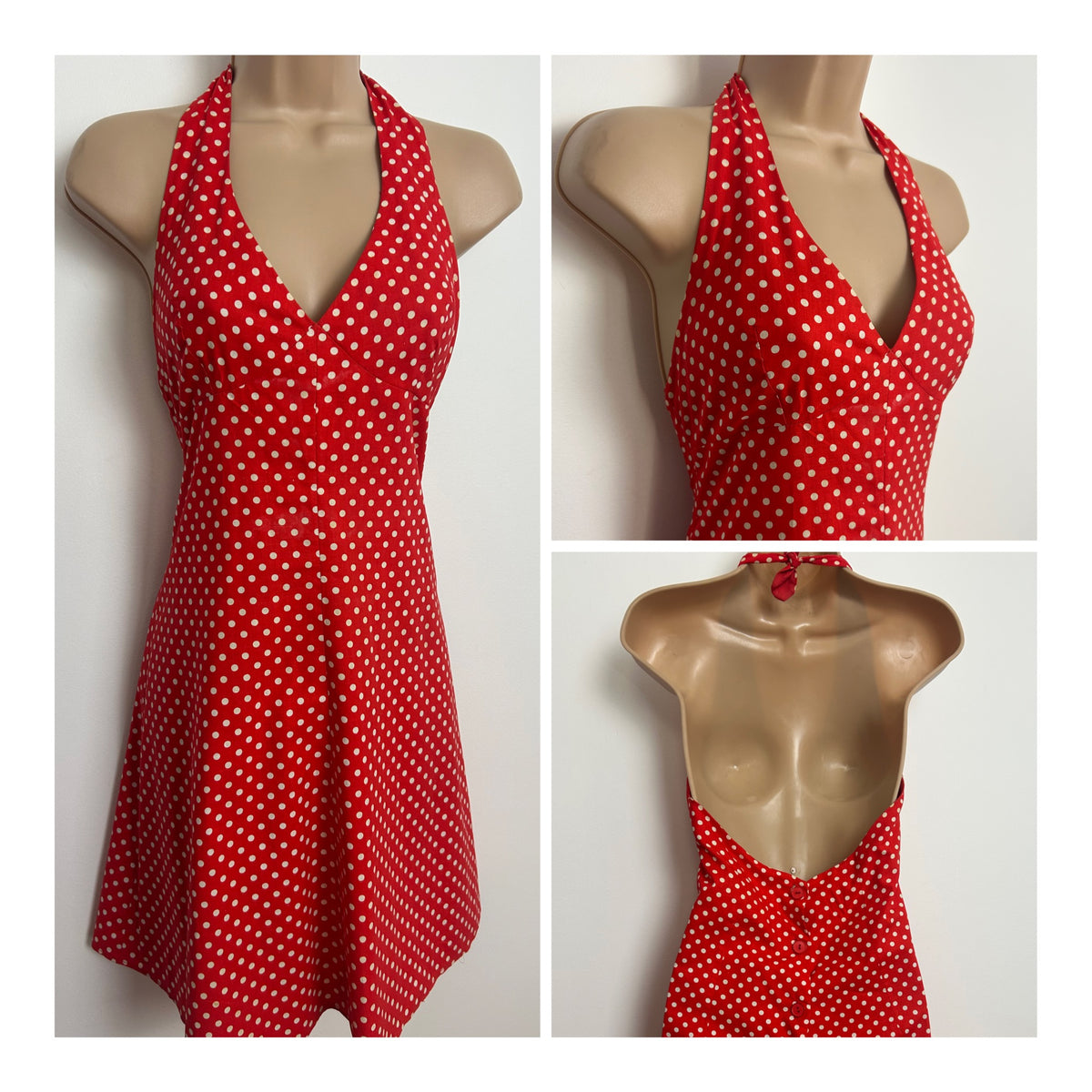 Vintage 1970s MISS SELFRIDGE Size 8-10 Red & White Polka Dot Print Halterneck Short Summer Dress
