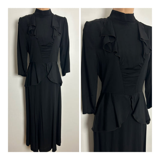 Vintage Late 1940s Size 8-10 Black Rayon Victoriana Ruffle Trim Peplum Dress
