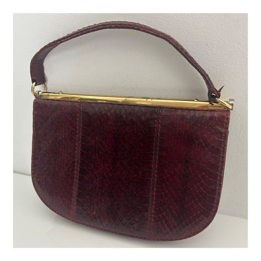 Vintage 1970s MAGLI Made In Italy Red Oxblood Snake Skin Unusual Shaped Handbag