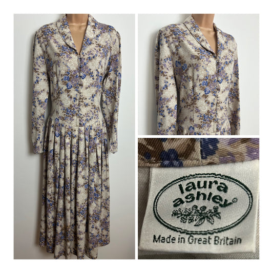 Vintage 1980s LAURA ASHLEY Size 14 Beige & Blue Floral 100% Wool Pleated Maxi Dress