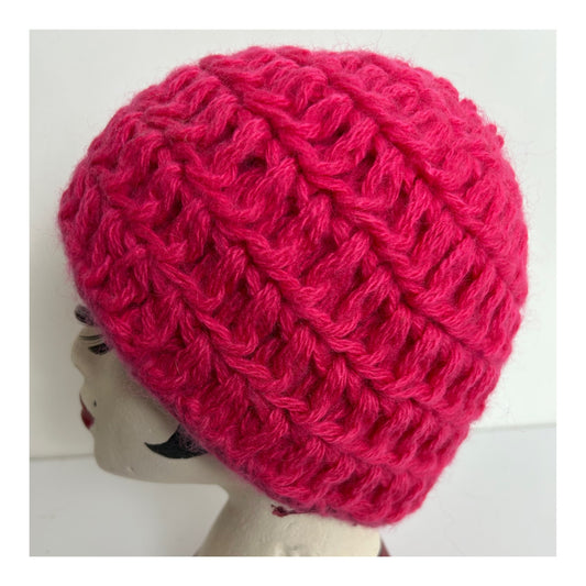 Vintage Pink Wool & Angora Mix Chunky Knit Reversible Beanie Hat