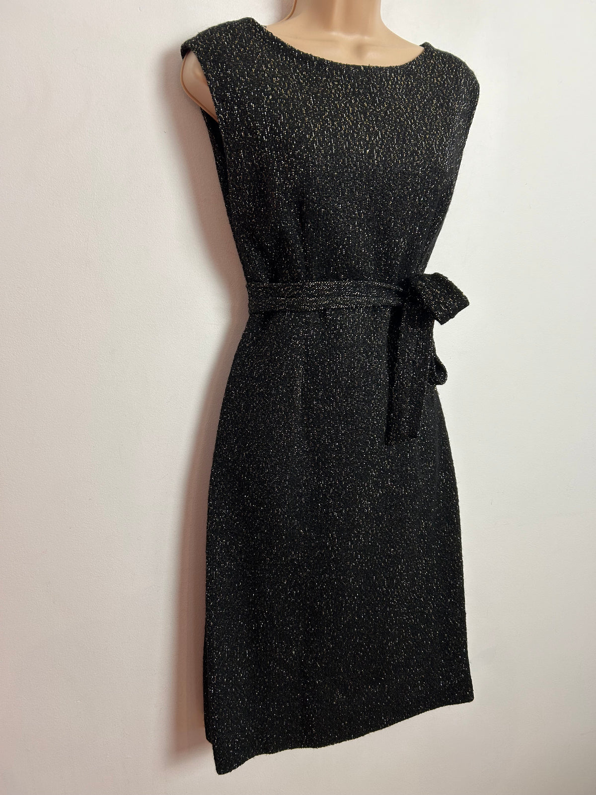 Vintage 1960s UK Size 10 Black & Metallic Thread Belted Xmas Party Dress