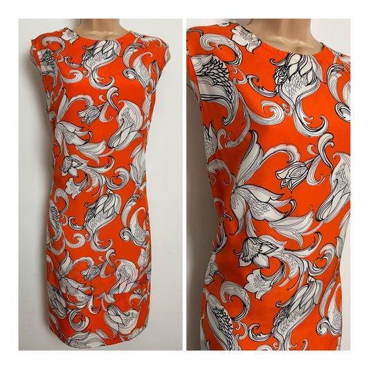 Vintage 1960s BLANES Size 14-16 Orange White & Black Floral Print Summer Occasion Shift Dress