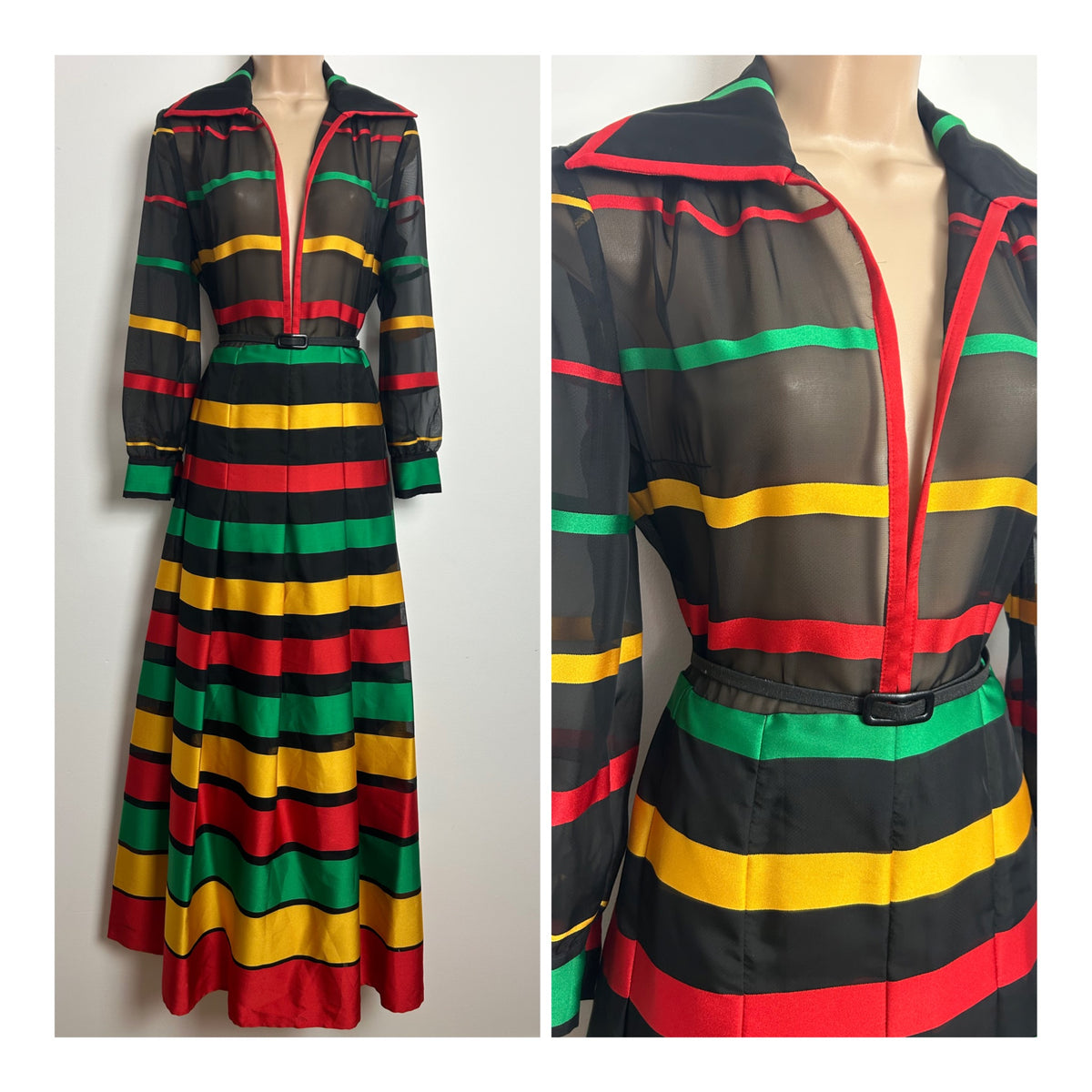 Vintage 1970s CARRE Size 12 Black Red Yellow & Green Stripe Wide Collared Pleated Maxi Dress