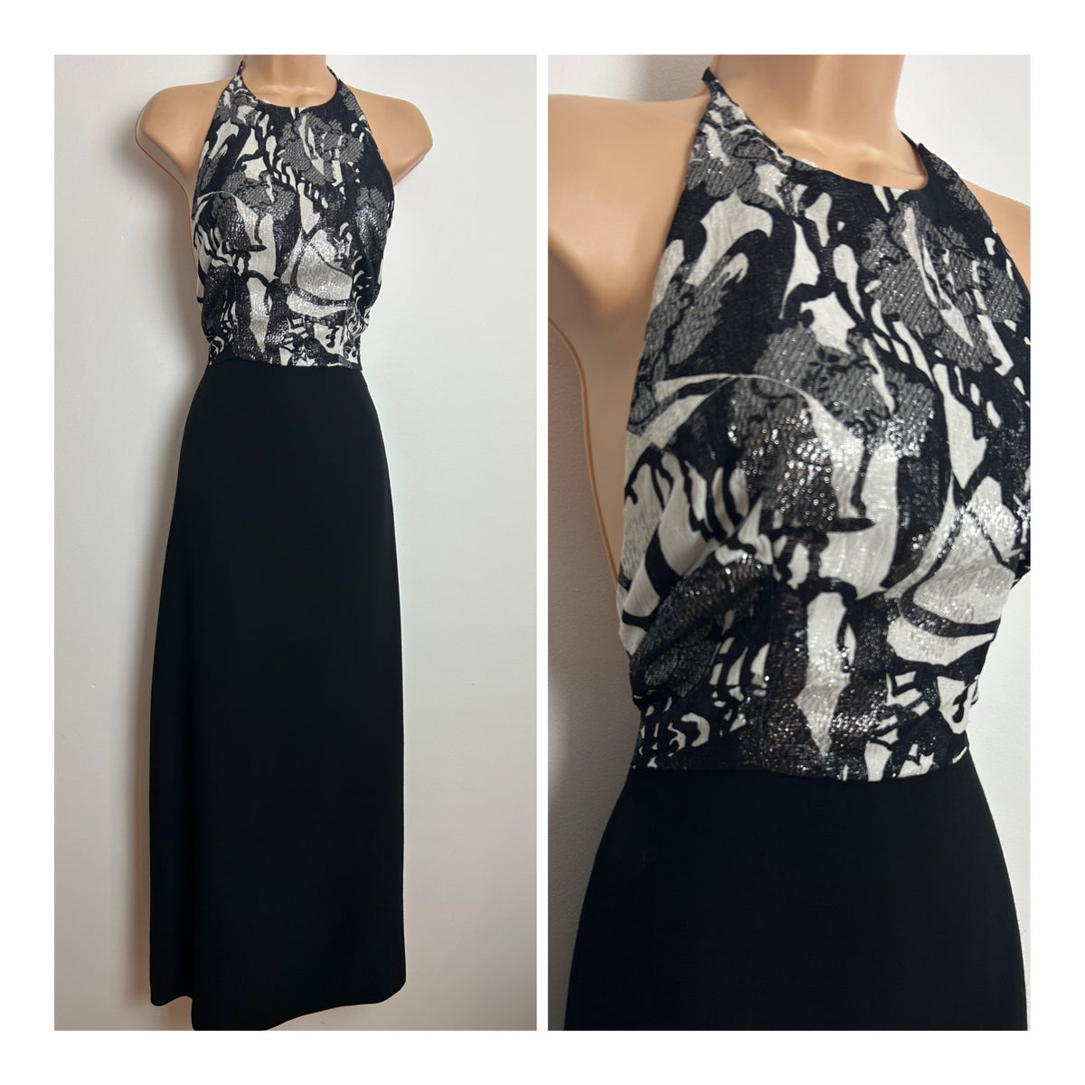 Vintage 1970s Size 8 Black & White Lurex Patterned Bodice Halter Occasion Maxi Dress