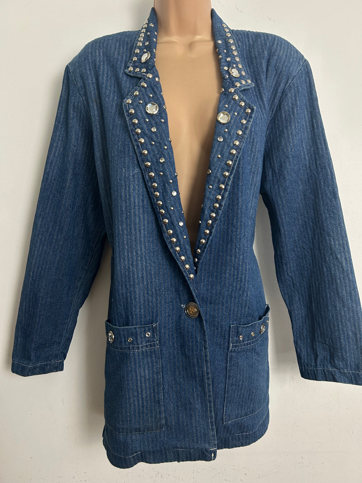 Vintage 1980s PANAMA Size 14 Pinstripe Stud & Jewel Embellished Cotton Blazer Style Denim Jacket