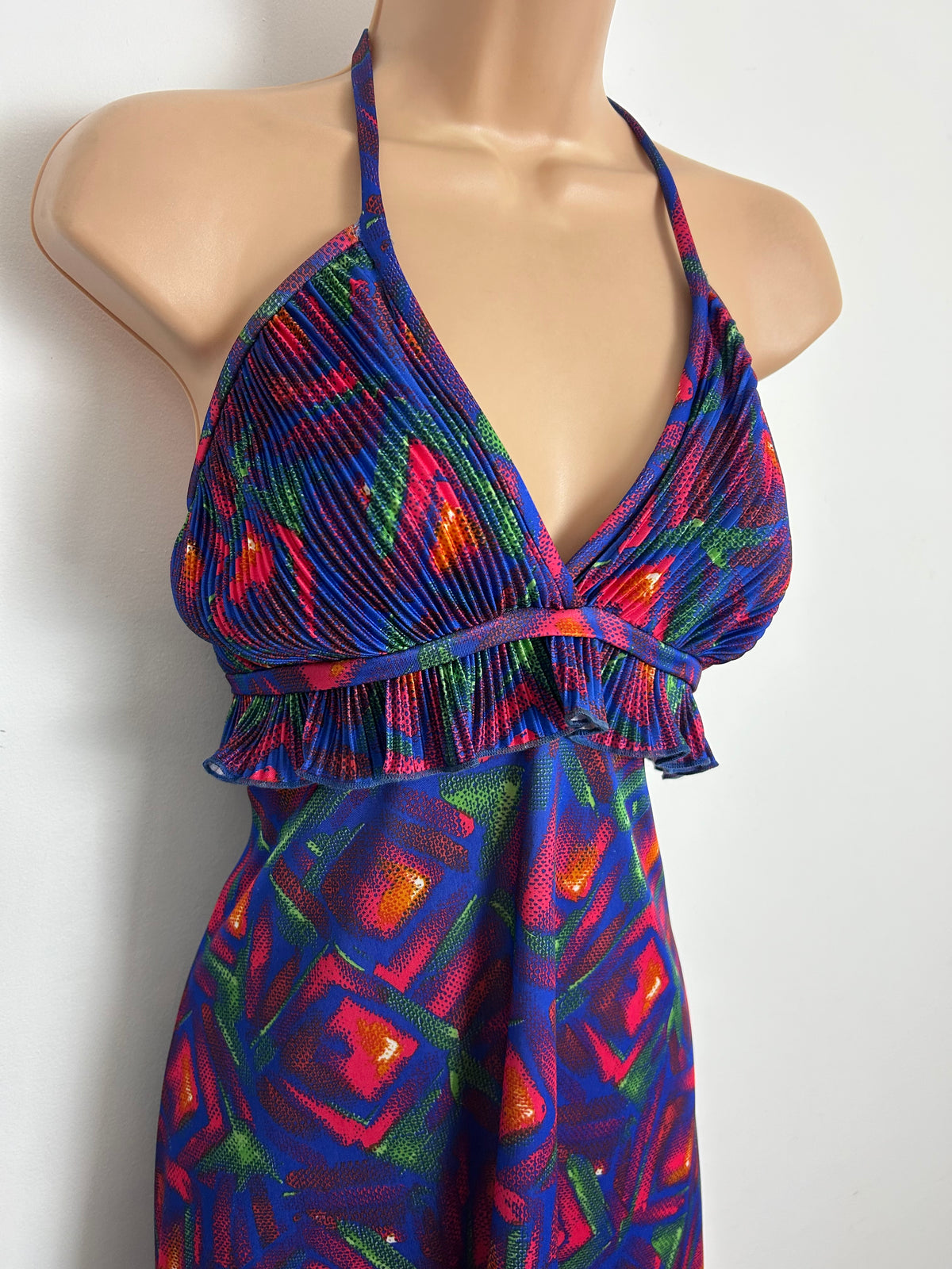 Vintage 1970s AFTER SIX BY RONALD JOYCE Size 10 Blue Red & Green Abstract Check Print Halter Neck Midi Dress
