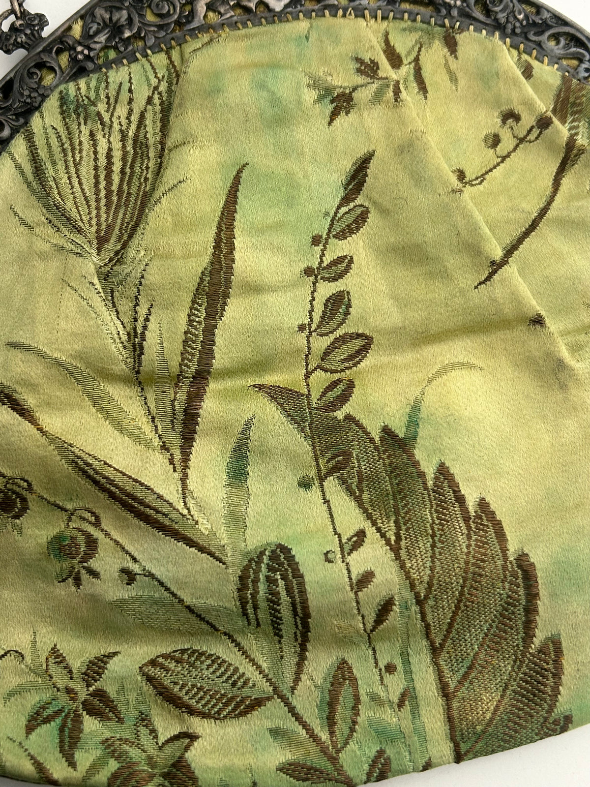 Antique Circa 1900's Victorian/Edwardian Silver Cherub Frame Green Silk jacquard Bag