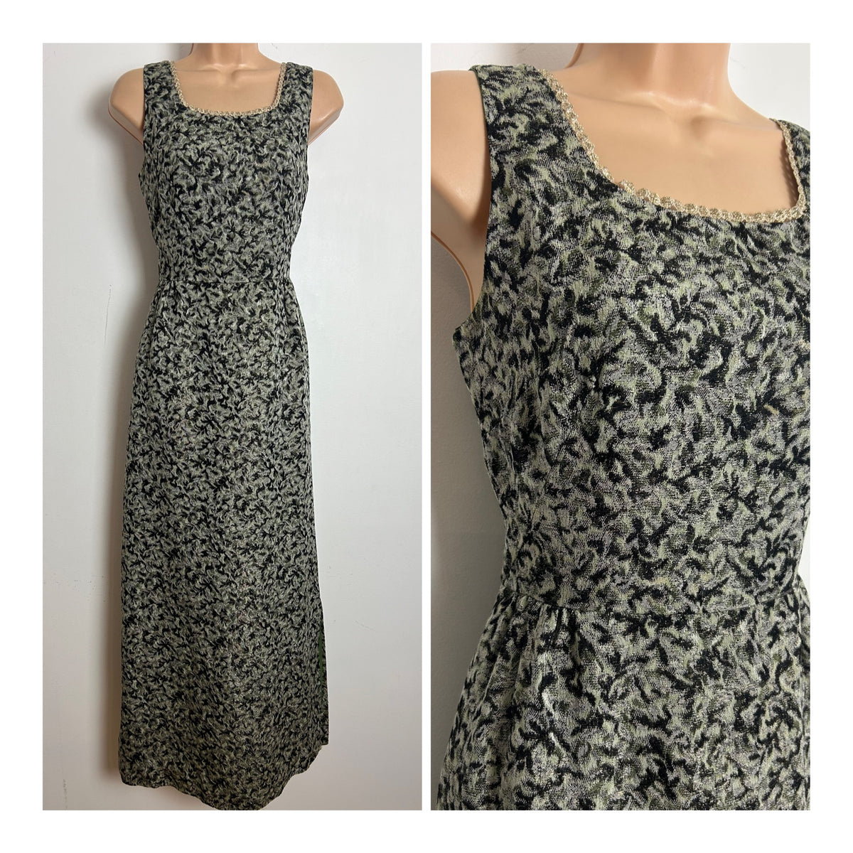 Vintage 1960s Size 8 Black Silver & Green Jacquard Metallic Thread Occasion Evening Maxi Dress