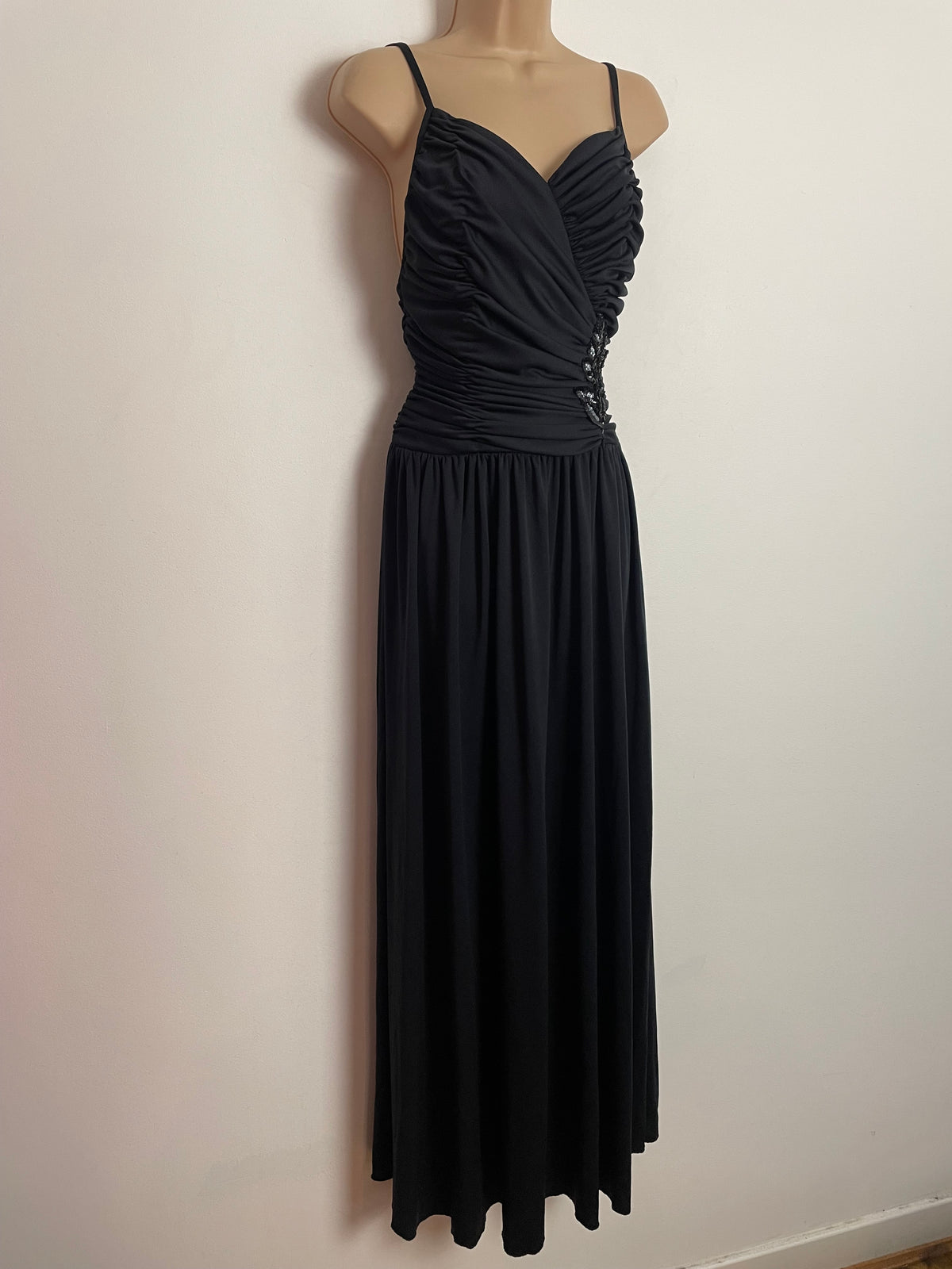 Vintage Late 1970s UK Size 8 Black Ruched & Sequin Detail Evening Occasion Maxi Dress