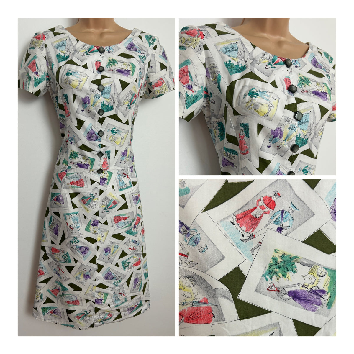 Vintage Late 1950s Size 10 White Fashion Scenes Postcard Novelty Print Cotton Summer Wiggle  Day Dress