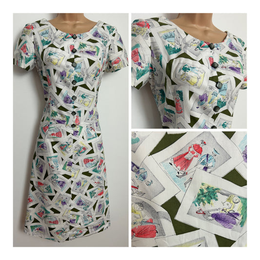 Vintage Late 1950s Size 10 White Fashion Scenes Postcard Novelty Print Cotton Summer Wiggle  Day Dress