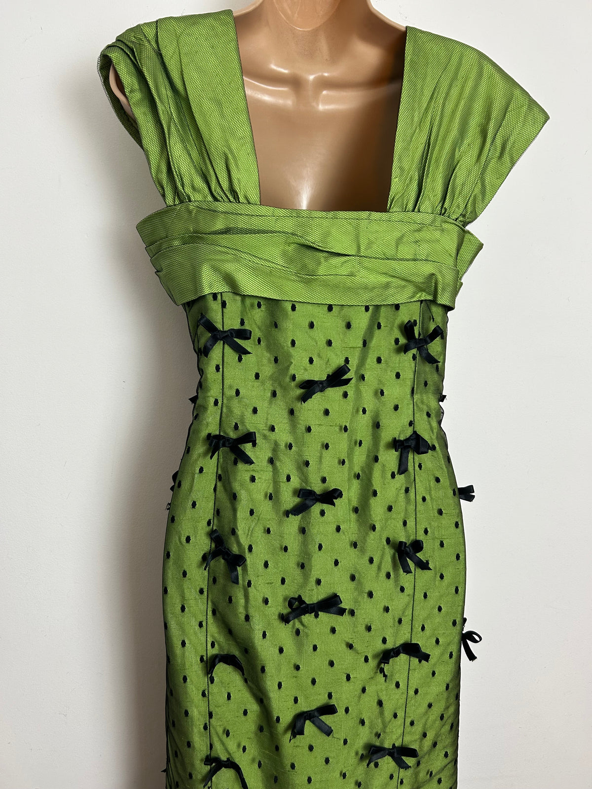 Vintage Late 1950s Size 12 Green & Black Polka Dot Mesh Bow Detail Occasion Evening Ballgown