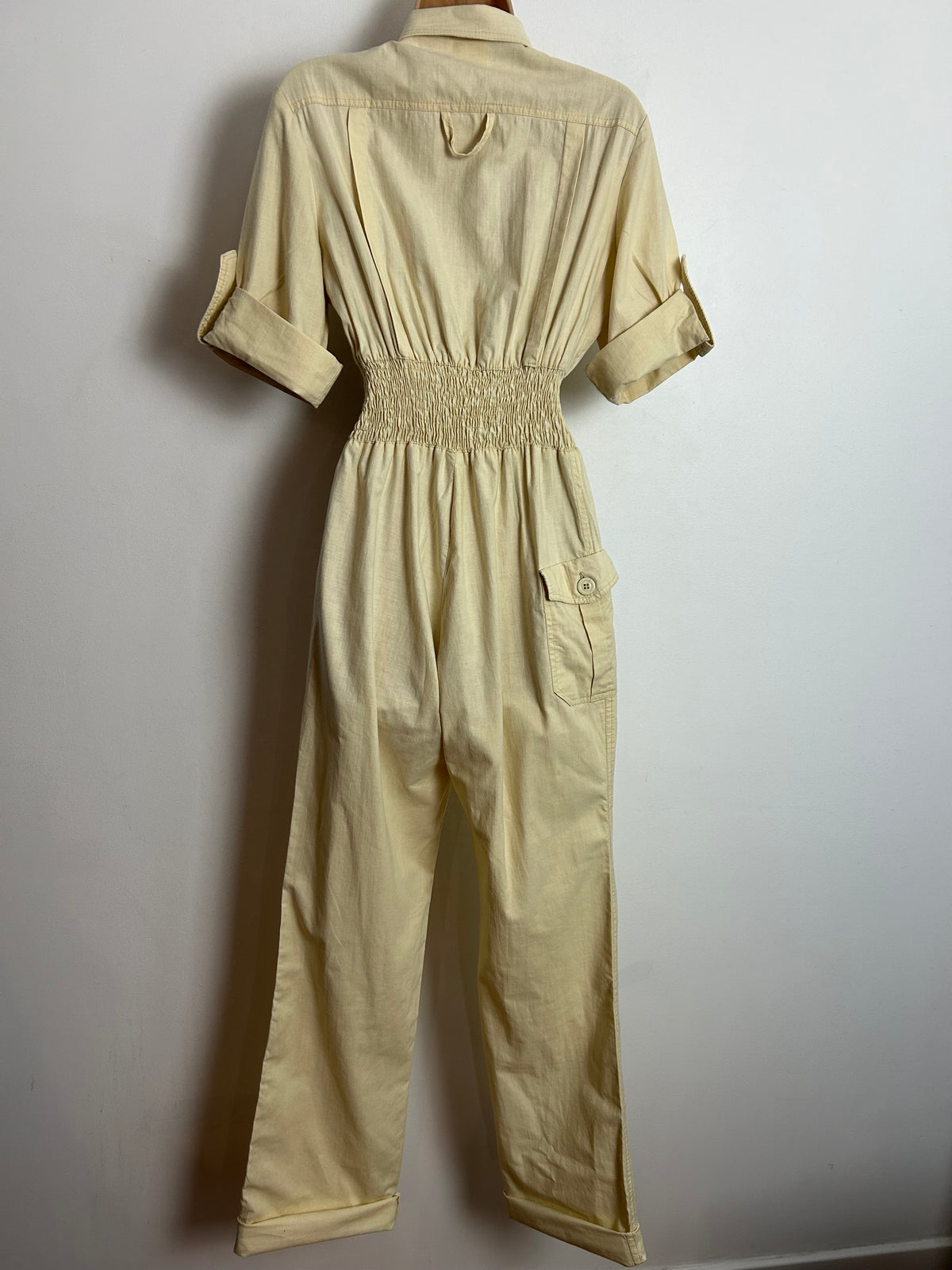 Vintage Early 1980s UK Size 10 C&A Cream Cotton Shirt Style Shirred Waist Jumpsuit