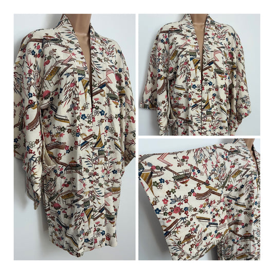 Vintage Size 8/10/12 Beautiful Cream Floral Leaf & Japanese Pagoda Print Haori Kimono Jacket