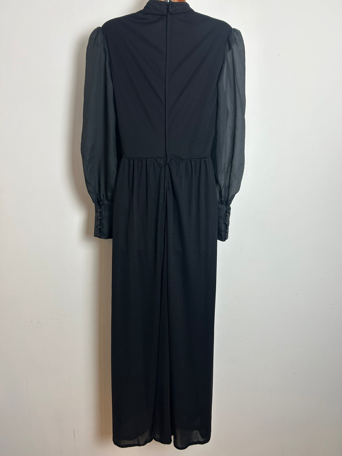 Vintage Early 1980s Size 10-12 Black Sequin Detail Long Sleeve Evening Maxi Dress