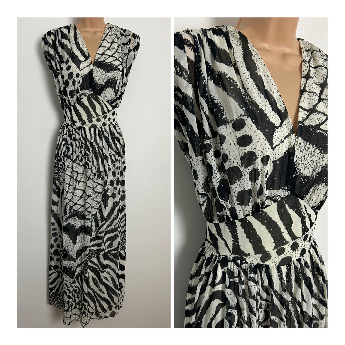 Vintage 1980s size 12 Black & White Monochrome Abstract Zebra Print Maxi Dress
