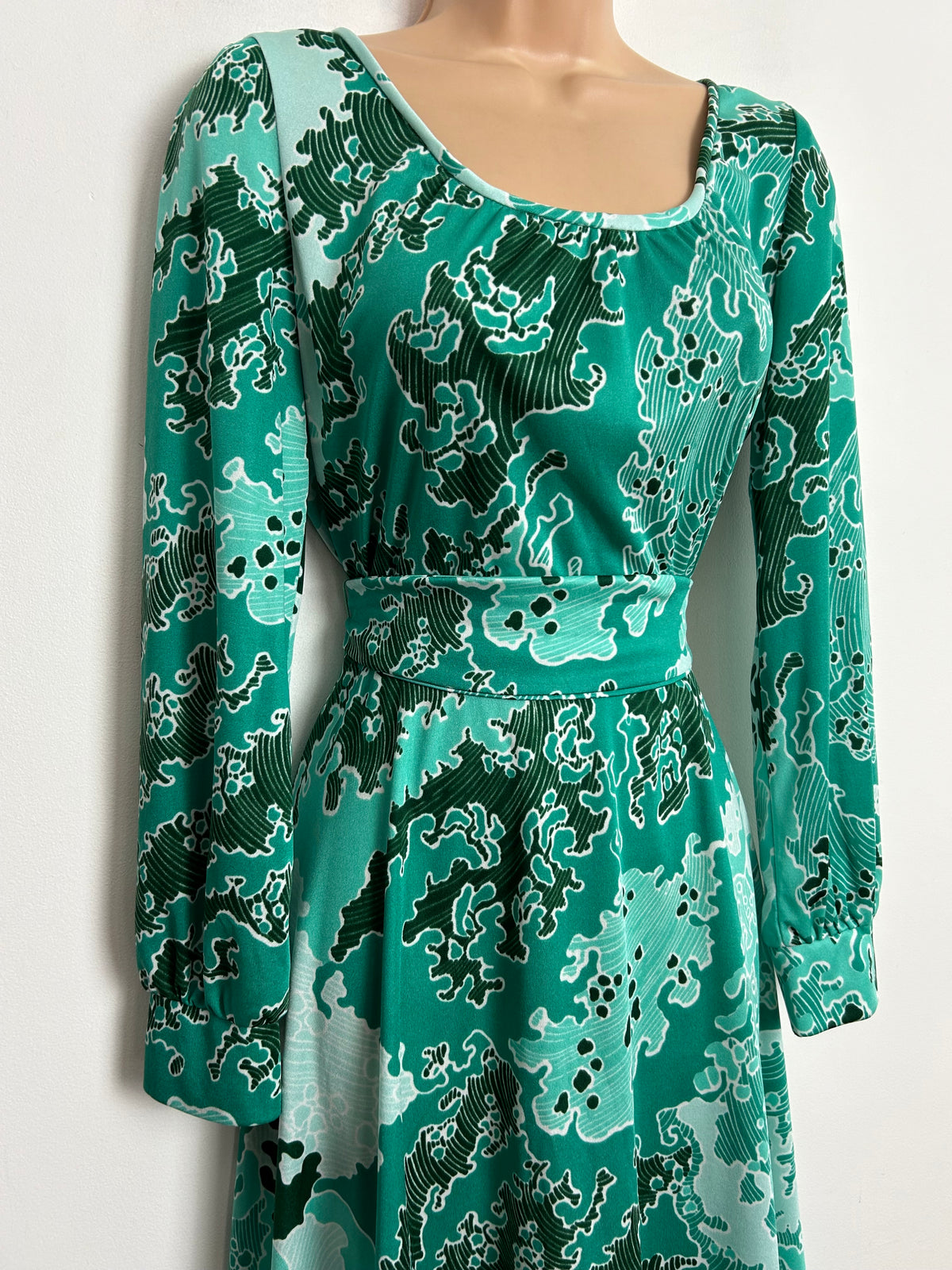 Vintage Late 1970s SIDGREENE OF LONDON UK Size 12 Green Tones Abstract Print Belted Long Sleeve Day Dress