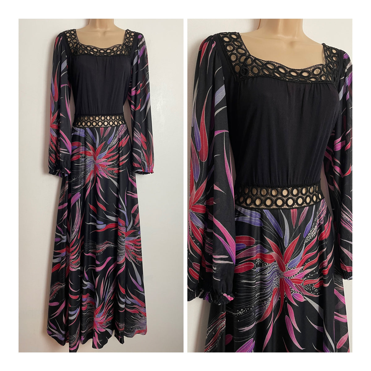 Vintage 1970s LAROUSSE Italy UK Size 8 Black Red & Violet Leaf Print Circle Lace Boho Maxi Dress