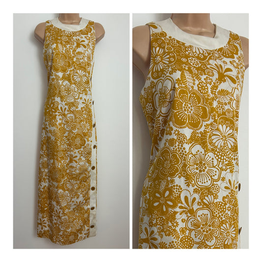 Vintage Late 1960s To Early 1970s Size 12 Mustard Yellow & Off White Floral Print Column Maxi Dress