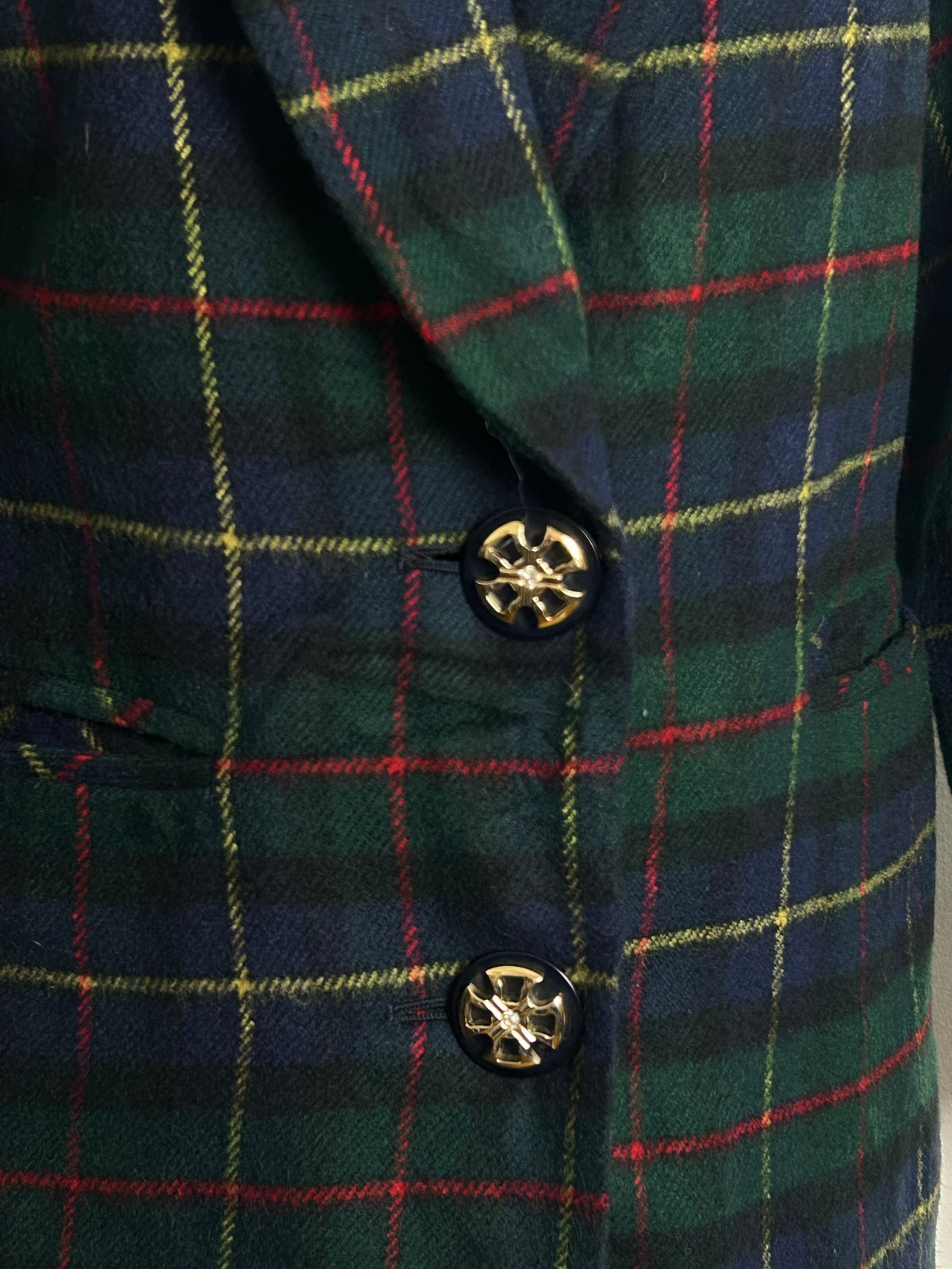 Vintage 1980s Size 12-14 SUPREME Dark Green Tartan Check Wool Mix Blazer