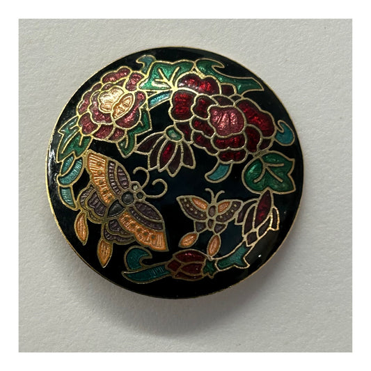 Vintage Gold Tone Cloisonne Enamel Floral & Butterfly Pattern Circular Brooch