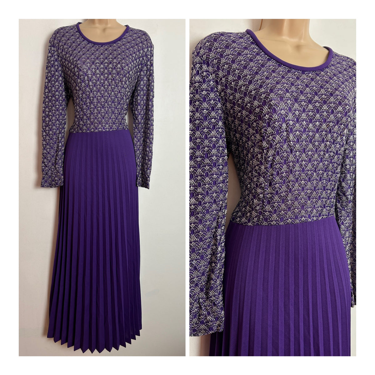 Vintage 1970s UK Size 12-14 Purple & Silver Lurex Long Sleeve Pleated Occasion Evening Maxi Dress