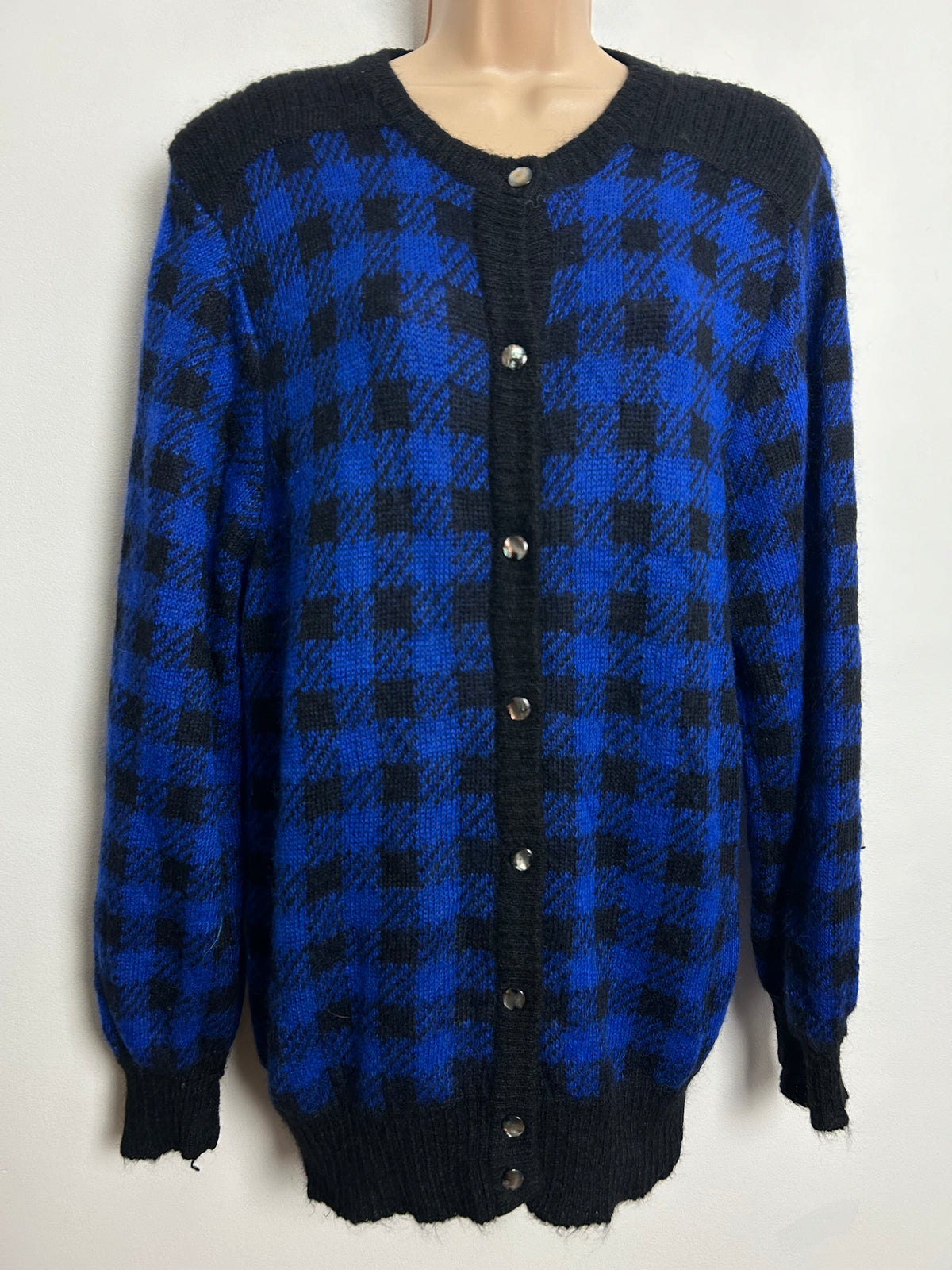 Vintage 1980s One Size Slouchy Blue & Black Check Pattern Superkid Mohair Mix Long Sleeve Cardigan