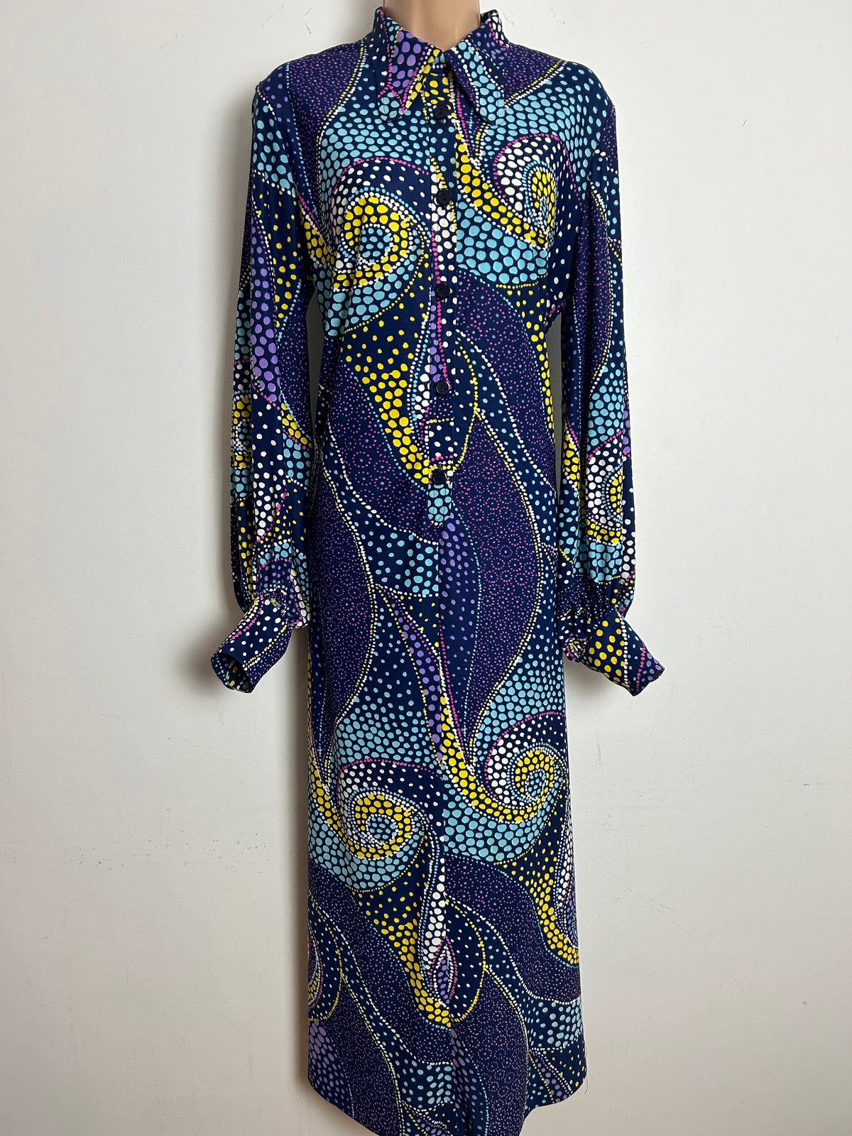 Vintage 1970s DELSWA Size 14-16 Navy Blue Multicoloured Spotty Paisley Print Balloon Sleeve Maxi Dress